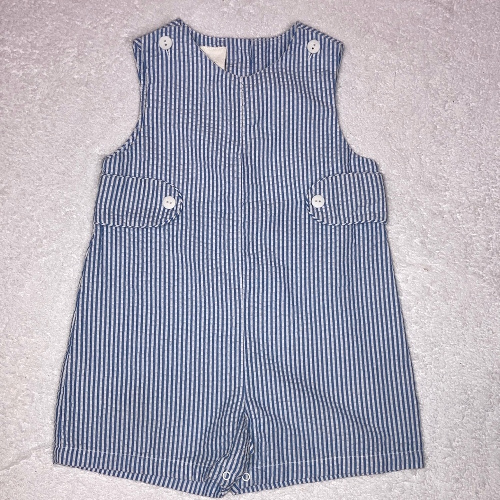 PA classics blue white striped seersucker jon jon summer romper 18m